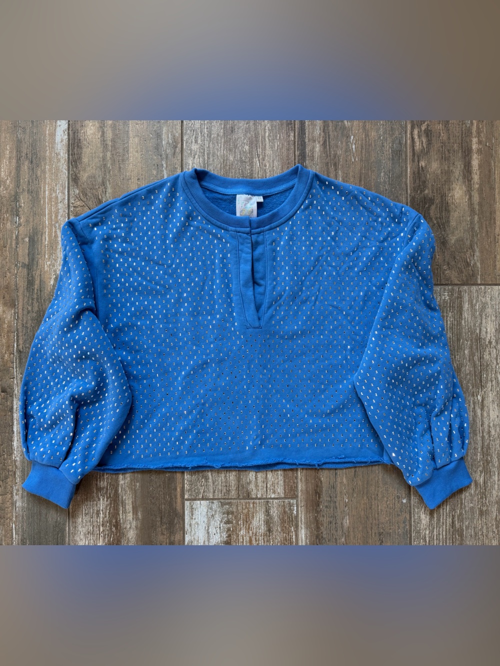 QUEEN OF SPARKLES Blue Cropped Rhinestone Sweatshirt